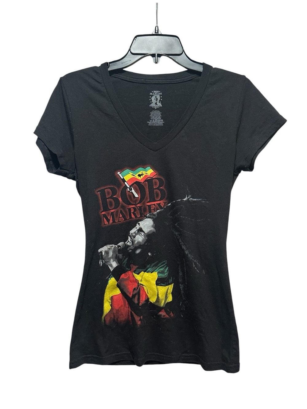 Bob Marley Black V-Neck Graphic Band Tee Size M
